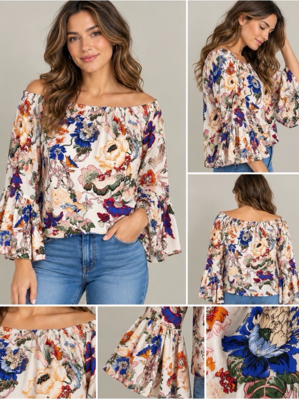 Runway Child One Size Floral Boho Off Shoulder Peasant Bell Sleeve Blouse